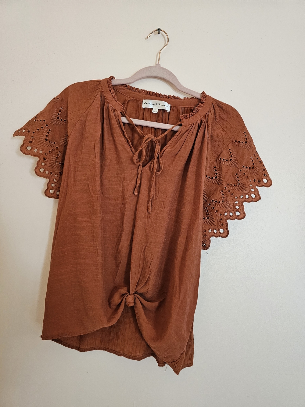 Chelsea & Theodore Medium  Rust Eyelet Flutter-Sleeve Tie-Waist Top